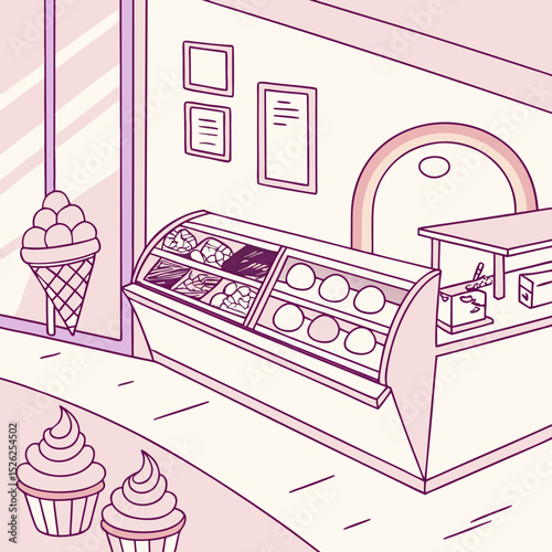 Whimsical Dessert Shop Illustration with Ice Cream, Cupcakes, and Display Case