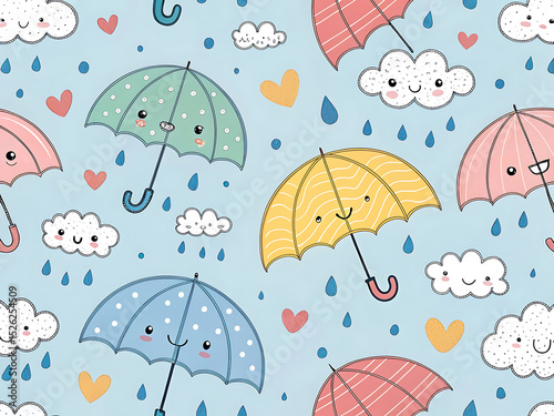 Cute Rainy Season Seamless Pattern with Umbrellas and Raindrops