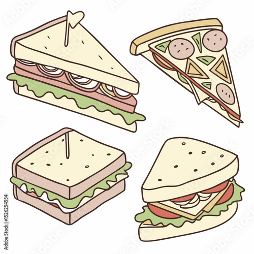 Assorted Illustrated Sandwiches and Pizza Slice with Various Ingredients