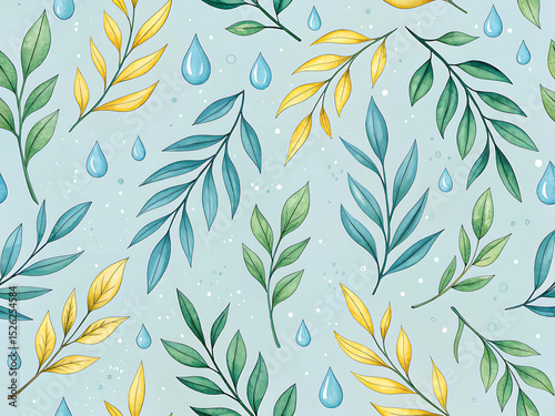 Watercolor Seamless Leaves with Rain Droplets Pattern