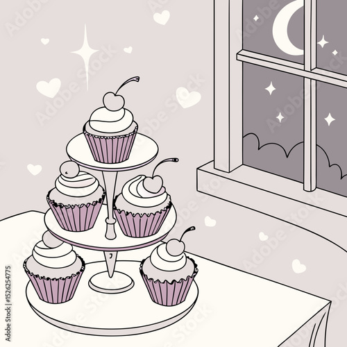 Nighttime Cupcakes on a Three-Tiered Stand