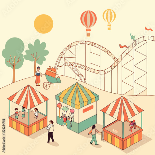 Whimsical amusement park illustration with vintage rides and colorful booths