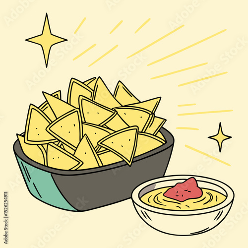 Cartoonish Nachos and Guacamole with Bright, Energetic Illustration