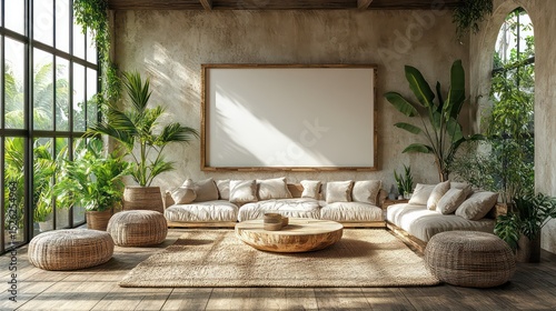 Blank wooden frame in warm, sunlit living room with table, aquarium, and minimalist sofa.