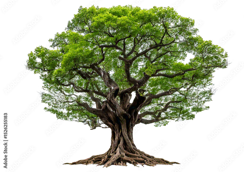 Obraz premium Large old tree with gnarled roots and twisted branches isolated on transparent or white background