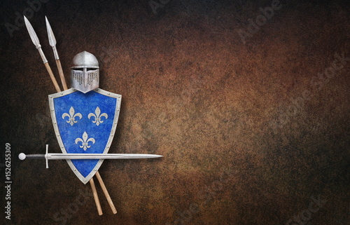 knight's helmet sword shield and two spears on grunge background