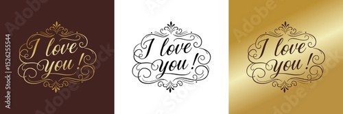 Decorative lettering design saying "I love you!", nscription for cards t-shirt print, three design variants, one on transparent background