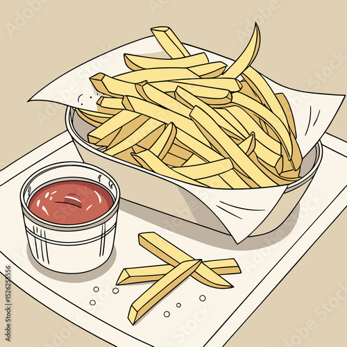 Cartoon French Fries in a Bowl with Ketchup on a Tray Illustration