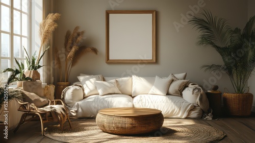 Blank wooden frame in warm, sunlit living room with table, aquarium, and minimalist sofa.