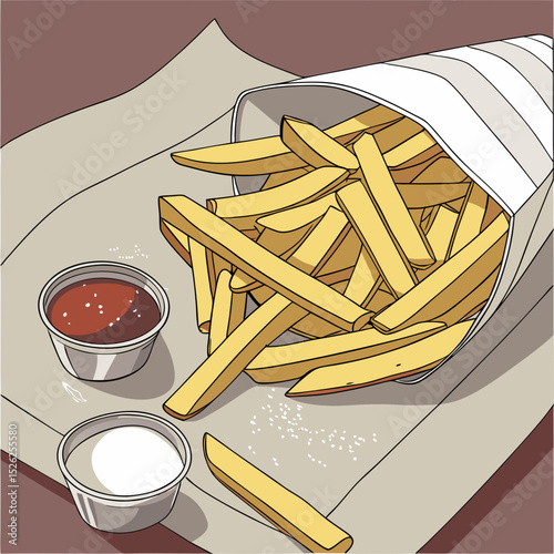Cartoon French Fries in Striped Paper Cone with Sauces Illustration