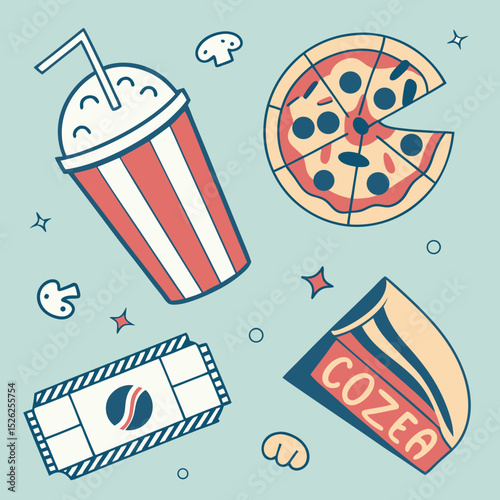 Movie Night Treats: Pizza Slice, Soda, and Ticket Stub