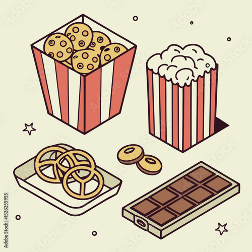 Isometric Illustration of Snacks: Cookies, Popcorn, Pretzels, Donuts, Chocolate.