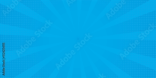 Comic background. Pop art texture. Starburst cartoon style. Anime design with explosion effect for print. Fun dot pattern. Blue backdrop with halftone gradient.
