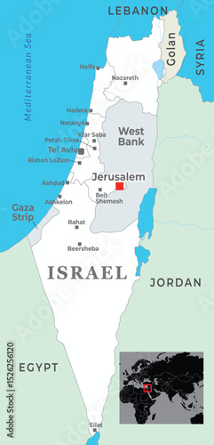 A detailed map of Israel displaying major cities, borders, and surrounding regions, including the West Bank and Gaza Strip