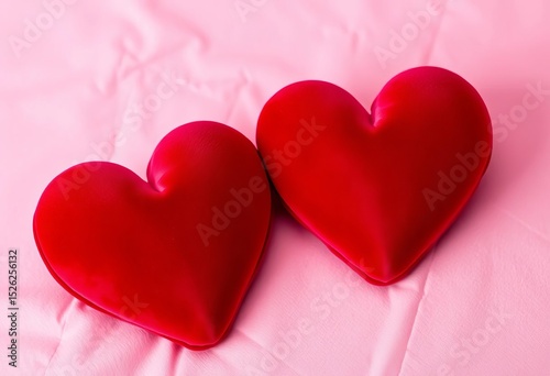 Two plush velvet hearts, rich crimson, nestled on a soft pink backdrop,   interior design,  love