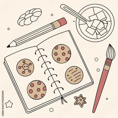 Sketchbook with Cookie Designs, Pencil, Paintbrush, and Treats
