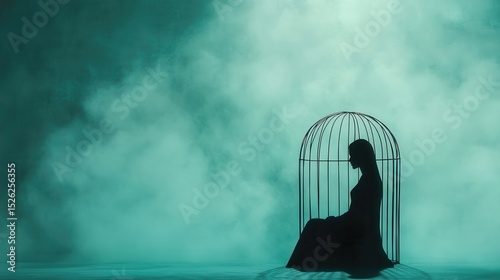 Silhouette of a health sitting in a cage, conveying feelings of confinement, isolation, and mental woman struggles