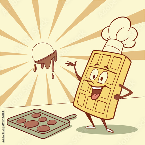 Cheerful Cartoon Waffle Chef with Melting Ice Cream and Pancakes