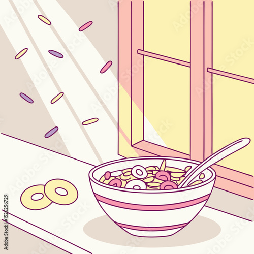 Sunlit Bowl of Cereal with Sprinkles near Window