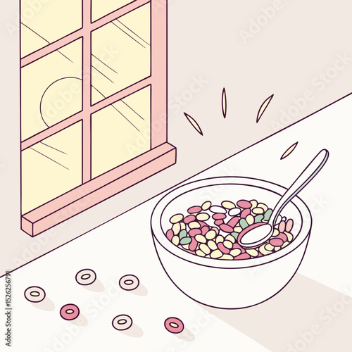 Colorful Cereal Bowl with Spoon Near Window, Breakfast Illustration.