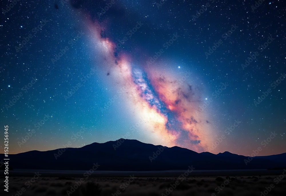 Vast, star-studded night sky arching over a serene landscape, Milky Way prominent, rural, purple Vast, star-studded night sky arching over a serene landscape, Milky Way prominent, rural, purple