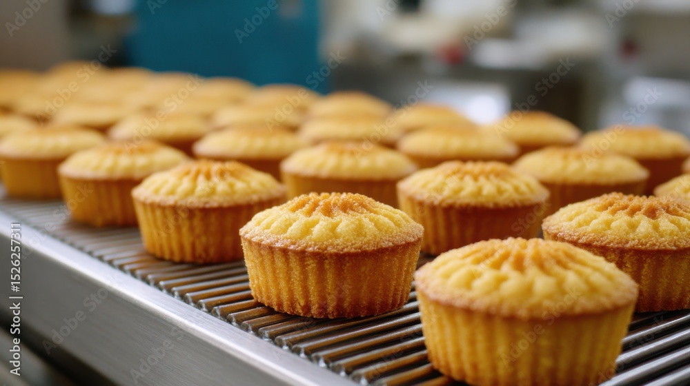 Freshly baked muffins cooling on a metal rack, conveyor belt transports golden muffins in bakery. Freshly baked muffins cooling on a metal rack, conveyor belt transports golden muffins in bakery.