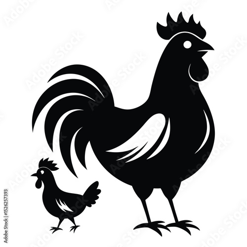Rooster and hen silhouettes farm animals black white