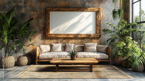 Blank wooden frame in warm, sunlit living room with table, aquarium, and minimalist sofa.