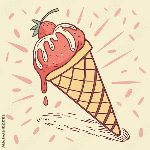 A Delectable Strawberry Ice Cream Cone with Melted Topping