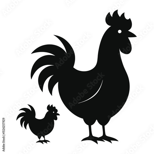 Rooster and hen silhouettes farm animals black and white