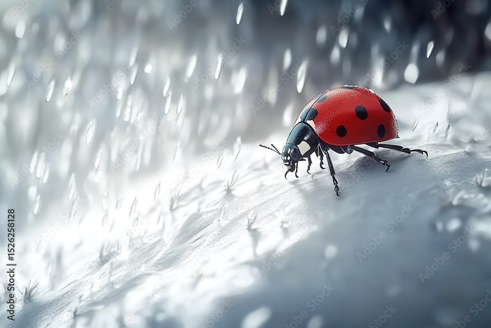 Obraz premium A vibrant ladybug perched on a dewy leaf during a gentle rain, showcasing nature's beauty