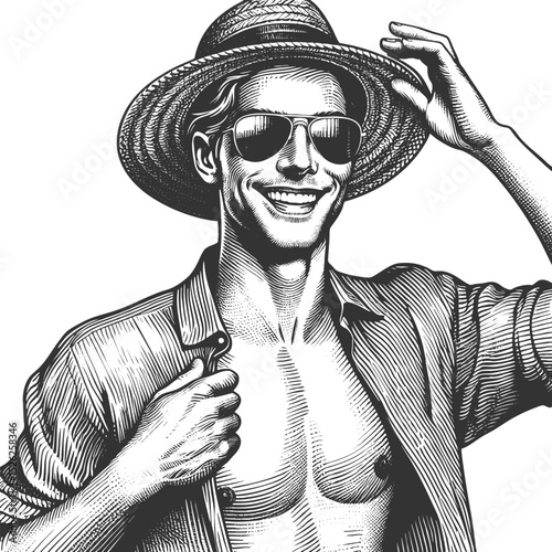 man wearing sunglasses and a straw hat, symbolizing vacation, summer, and carefree joy sketch engraving generative ai fictional character vector illustration. Scratch board. Black and white image.