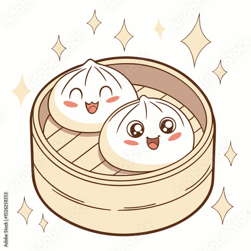Delightful Cartoon Baozi Steaming in Bamboo Basket