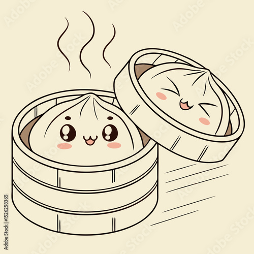 Adorable Steamed Dumplings with Expressive Faces in Bamboo Steamer.