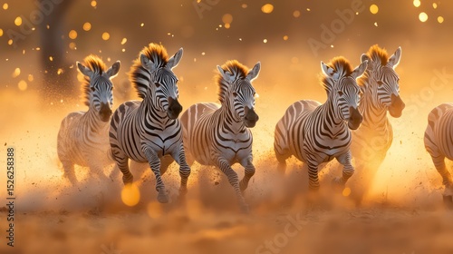 Zebras racing through golden savanna, dust sparkling in sunlight, motion frozen in detail