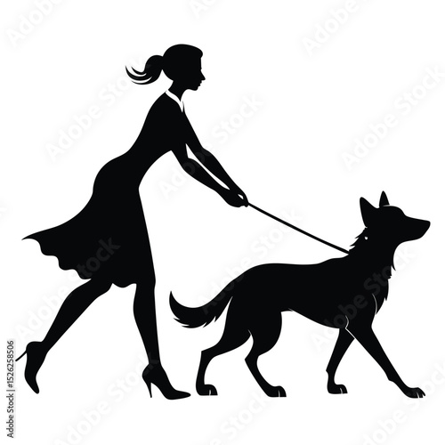 Woman walking dog silhouette elegant style