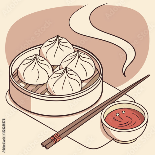 Steaming Dim Sum in Bamboo Steamer with Chopsticks and Dipping Sauce