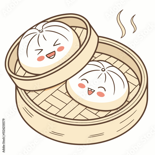 Happy Steamed Buns in Bamboo Steamer Illustration