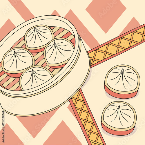 Steamed Dumplings in a Traditional Bamboo Steamer Basket