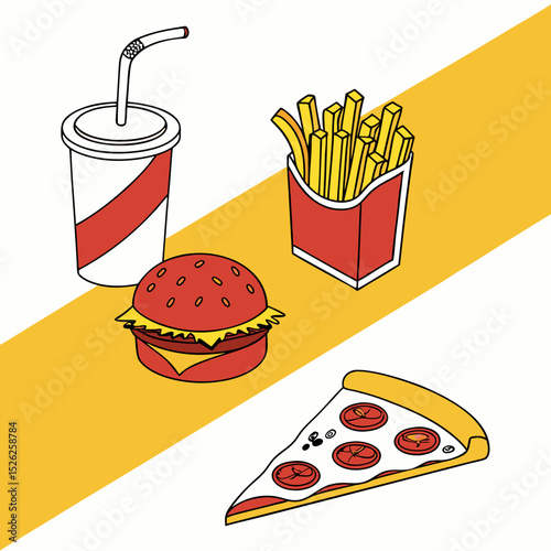 Isometric Illustration of Fast Food: Burger, Fries, Pizza, and Soda