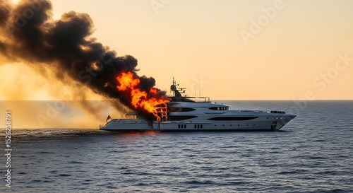 Luxury yacht burning at sea with thick smoke