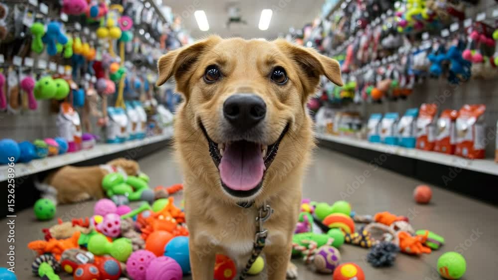 Happy dog playing among colorful pet toys in a store aisle  