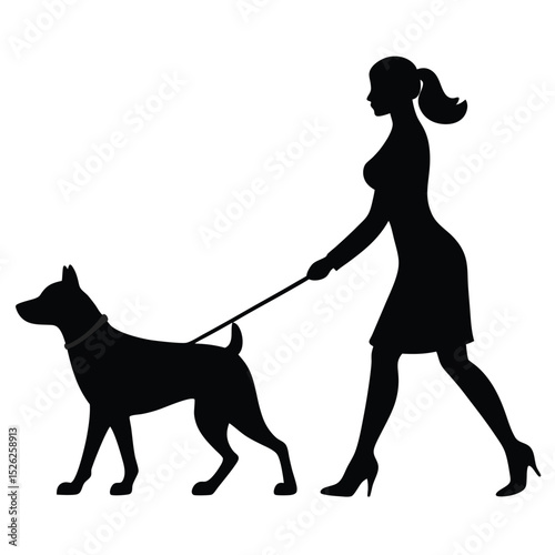 Woman walking dog silhouette simple graphic