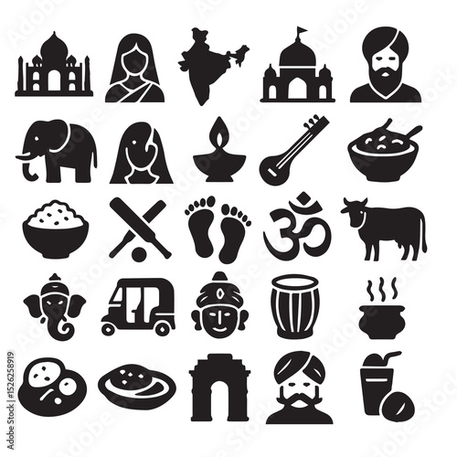 Collection of iconic indian culture symbols in minimalist black and white illustrations