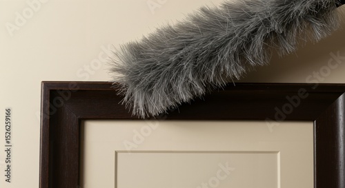 Close-up of a gray feather duster cleaning the top edge of a dark wooden picture frame. Household chore, dusting artwork.