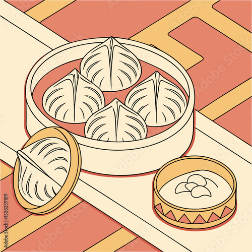 Colorful Steamed Dim Sum in a Traditional Steamer Basket