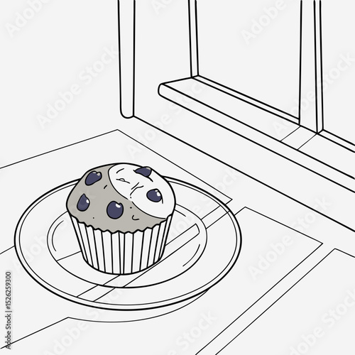 Simple Line Art Illustration of a Blueberry Muffin on a Plate