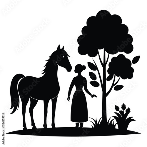 Woman and horse silhouette peaceful nature scene