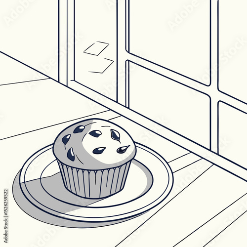 Stylized Blueberry Muffin on Plate near Window, Line Art Illustration