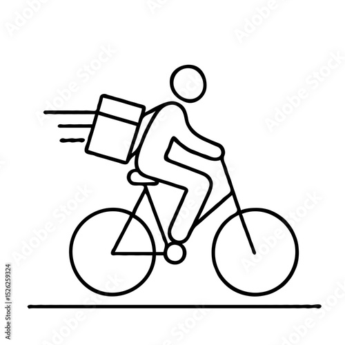 Delivery person riding bicycle with package in motion